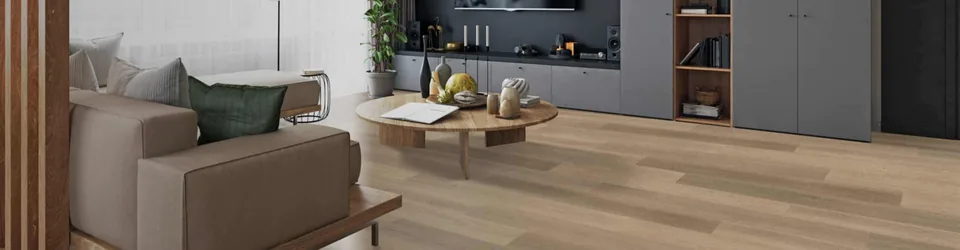 Natural wood-look laminate flooring in an open living and dining room