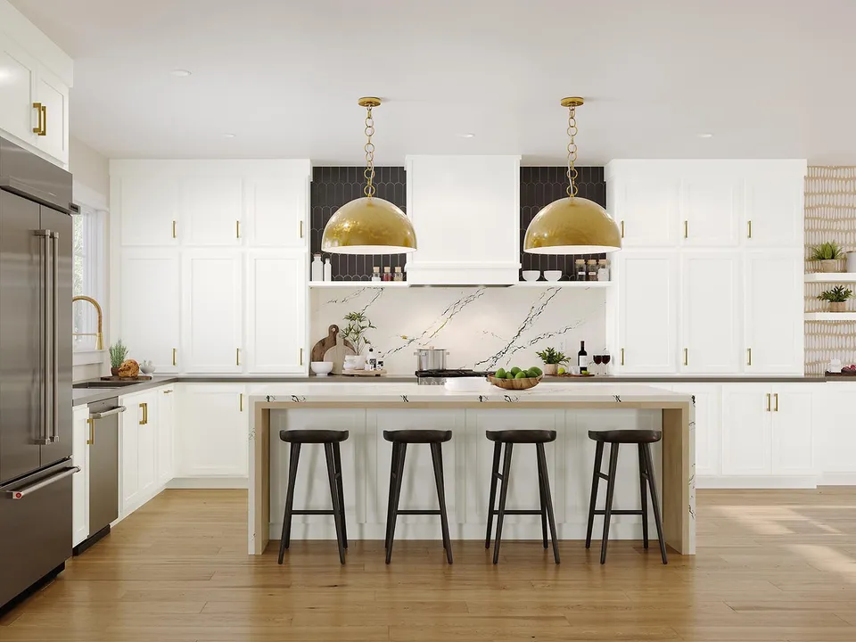 Waypoint 330 kitchen in Painted Linen with a white island and brass pendants.